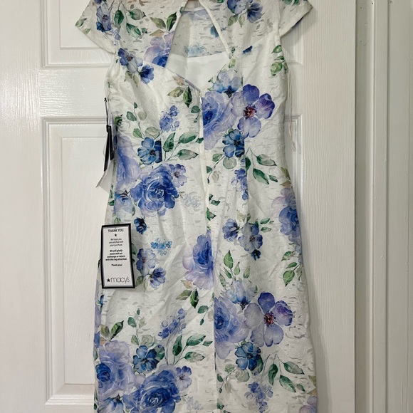 Adrianna Papell Printed Lace Back-Cutout Dress Ivory Blue - Picture 5 of 6